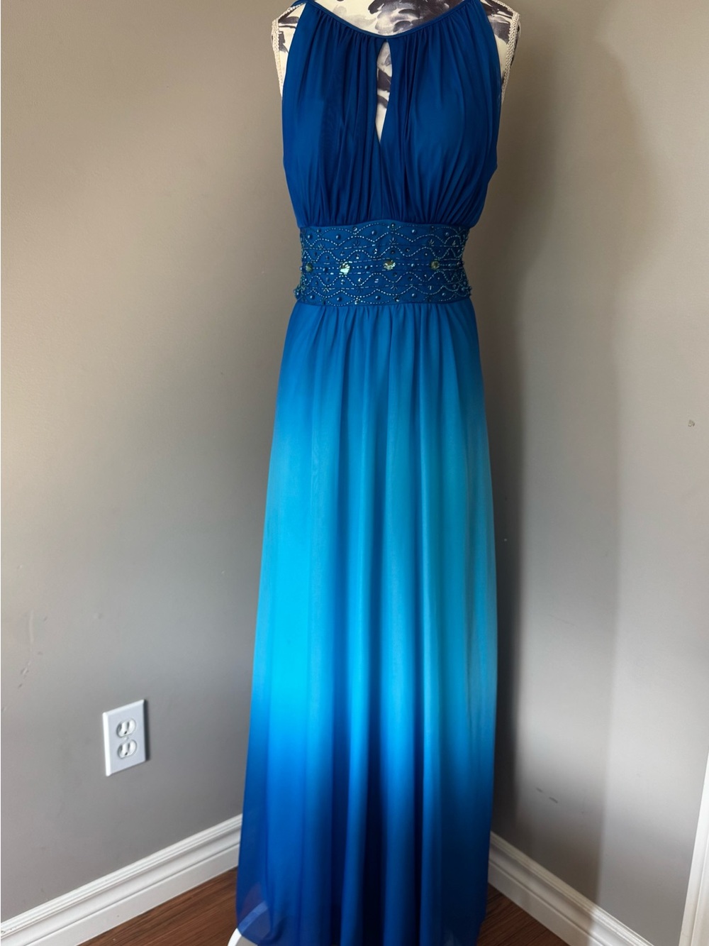 Beaded Waist Ombre Maxi Dress in Deep Blue Aqua
